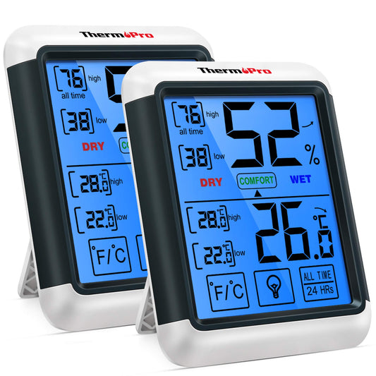 ThermoPro TP55 Digital Thermo-Hygrometer Indoor Thermometer Hygrometer Temperature and Humidity Monitor with Indicator 2 Pack for Room Climate Control.