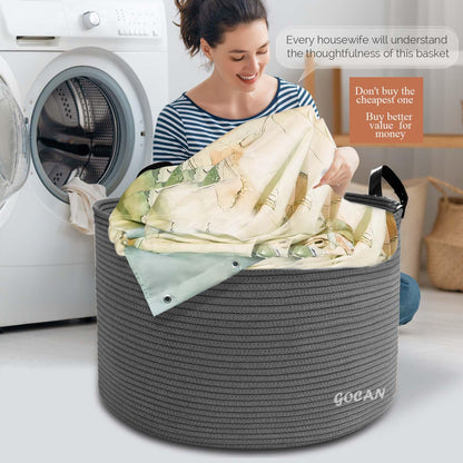 GOCAN XXXL Storage Basket Large Cotton Rope Laundry Hamper for Blankets Pillows in Living Room Clothes Toys in Kids Room, matte gray D55 X H35cm