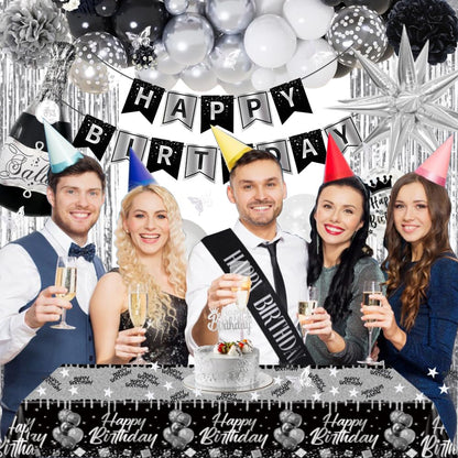 Black Silver Birthday Decorations, Silver Black White Party Decor Set with Happy Birthday Banner, Confetti Balloons, Sash, Tablecloth, Curtain, Pom Poms for Men Women Boys Girls Birthday Party Decor.