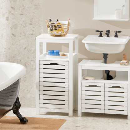 SoBuy Bathroom Cabinet with Laundry Basket - Laundry Cabinet, Bathroom Cabinet with Fold-Out Laundry Bag, Compact Bathroom Shelf, Wooden Bathroom Furniture, White, 42x90x30cm, BZR67-W