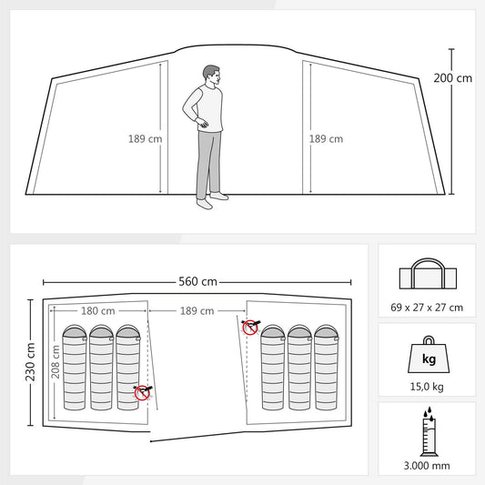 Justcamp Lake 6 Camping Tent, family tent for 6 people, 2 sleeping cabins, tunnel tent with standing height, large, stable, waterproof for festivals, XXL dome tent, portable with carrying bag, tent for families.