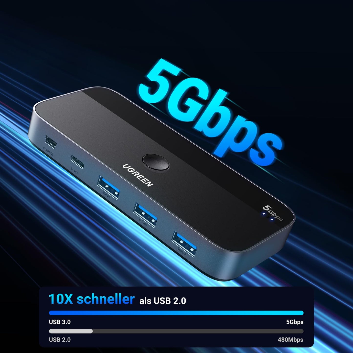 UGREEN USB C Switch 2PC USB Switch 3.0 with 1xUSB C Port and 3xUSB A Ports, 2 In 4 Out USB-C Switch USB Switch Aluminum Case with 2 USB-C to A/C cables for keyboard, mouse, printer, USB stick, etc.