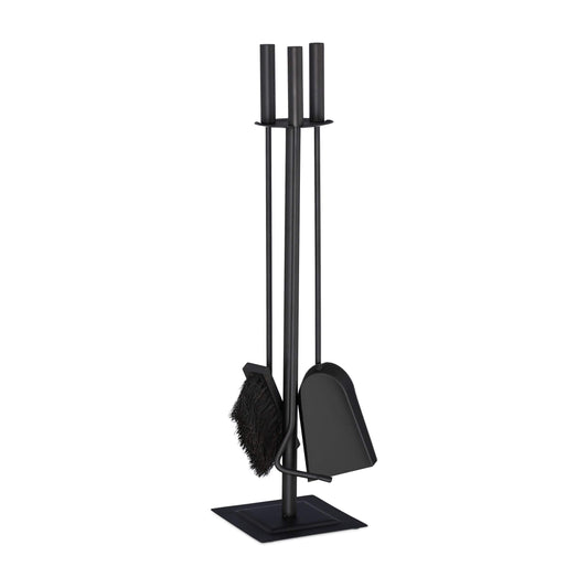 Relaxdays fireplace tool set, 4-piece fireplace equipment with shovel, broom, poker & stand, modern stove tools, black, 61 x 15 x 15 cm