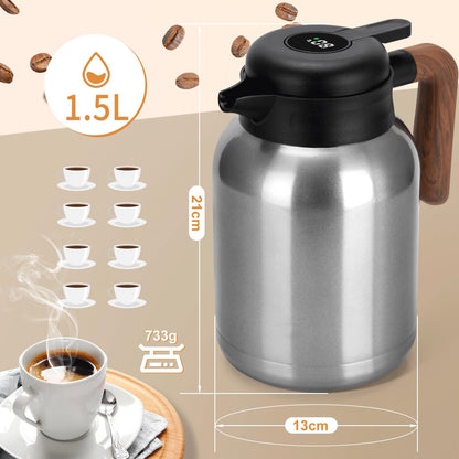 VETIN Thermos Flask with Tea Infuser 1.5L, Double-Walled Insulated Flask made of 304 Stainless Steel, Thermal Tea Pot with Temperature Display, Thermal Coffee Pot keeps hot for 10h/cold for 16h.