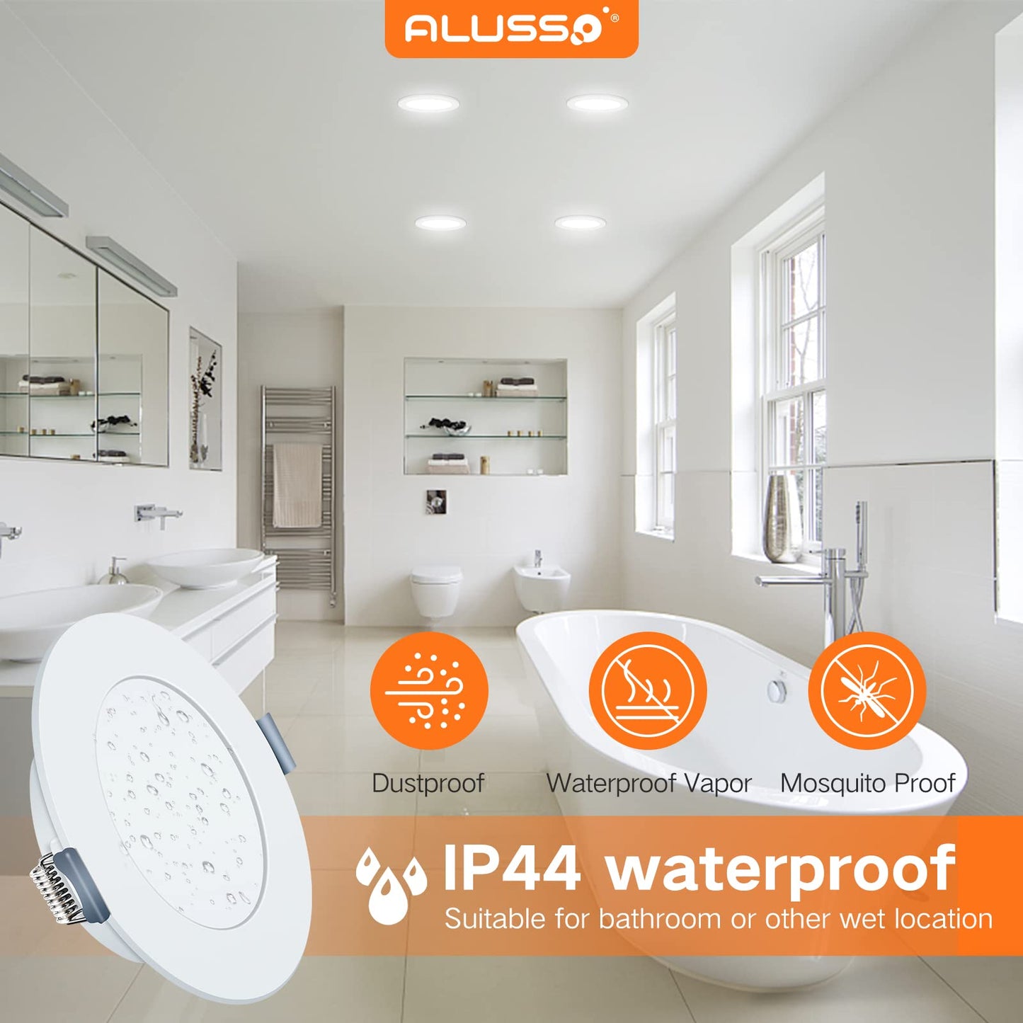 ALUSSO® LED Recessed Spotlight 230V Ultra Flat 6W 420LM LED Bathroom Spots, 3000K Warm White Ceiling Spots IP44 Recessed Lights for Living Room Kitchen, Diameter 118MM, Cutout 95-100MM, Set of 12