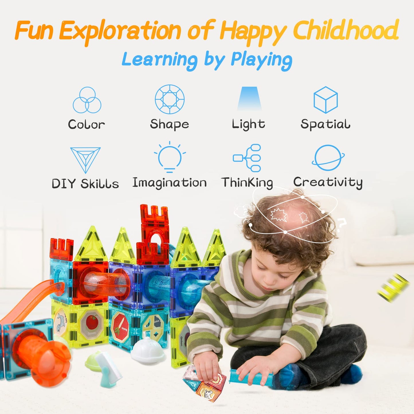 Jvchengxi Magnetic Building Blocks, 75 Pieces STEM Construction Tile Magnet Blocks Marble Run Set Montessori Building Blocks Learning Toy Everyday Building Toy for 3-12 Year Old Boys Girls Gift