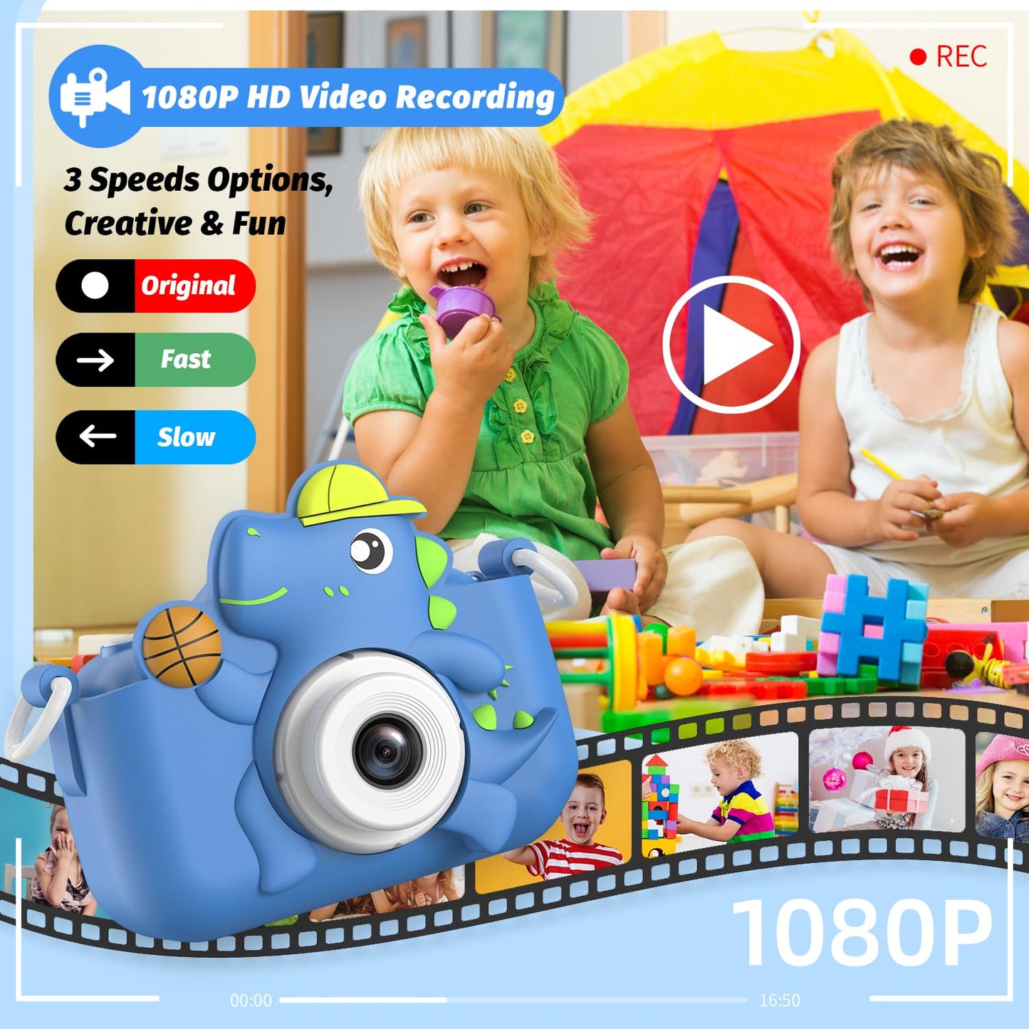 Children's camera, masterbee digital camera dinosaur toy, Christmas/birthday gifts for kids, 1080P HD kids camera, children's toy/gift boy/girl gifts 3-12 years old Blue