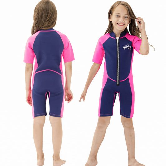 NATYFLY Kids Shorty Wetsuit 2.5mm Children's Neoprene Thermal Swimsuit UV Protection Swimsuits for Girls Boys One Piece WetSuits (Pink, 6 Years)