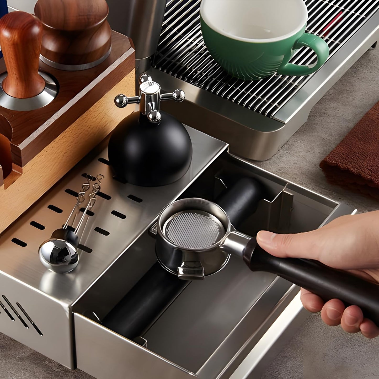 EFUTURETIME knock box for espresso machine coffee, made of stainless steel with removable noise-absorbing rod. Dimensions: 350 x 250 x 100mm, color: silver.