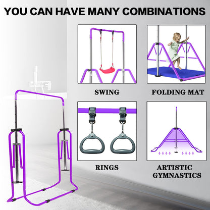 FINGER TEN Kids Gymnastics Bar, Horizontal Kip Bar Foldable Gymnastics Training Equipment 4 Heights Adjustable Horizontal Bars, Gymnastics Bar for Indoor Outdoor Home (Purple)