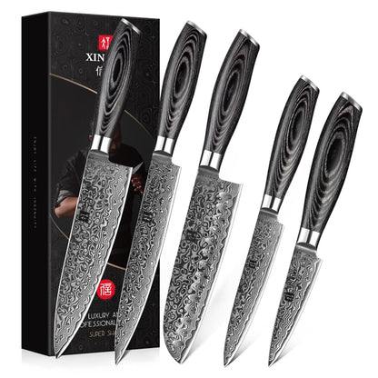 XINZUO 5 Piece Kitchen Knife Set 67 Layers Damascus Steel Chef Knife Set, Professional Forged Damascus Knife Set Sharp Blade Cooking Knife Set - Chef Santoku Slicing Utility Fruit Knife - PakkaWood Handle