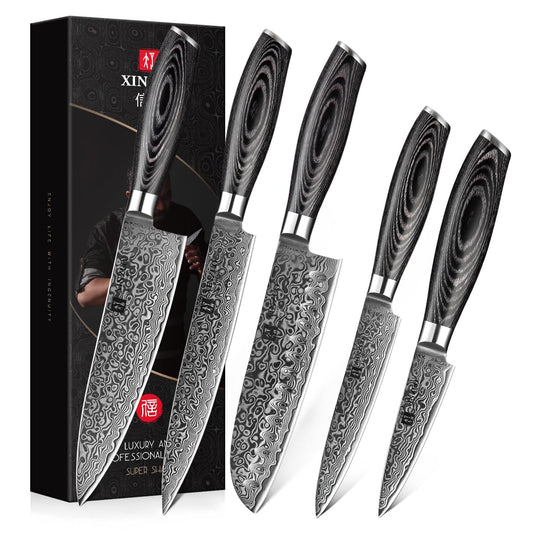 XINZUO 5 Piece Kitchen Knife Set 67 Layers Damascus Steel Chef Knife Set, Professional Forged Damascus Knife Set Sharp Blade Cooking Knife Set - Chef Santoku Slicing Utility Fruit Knife - PakkaWood Handle