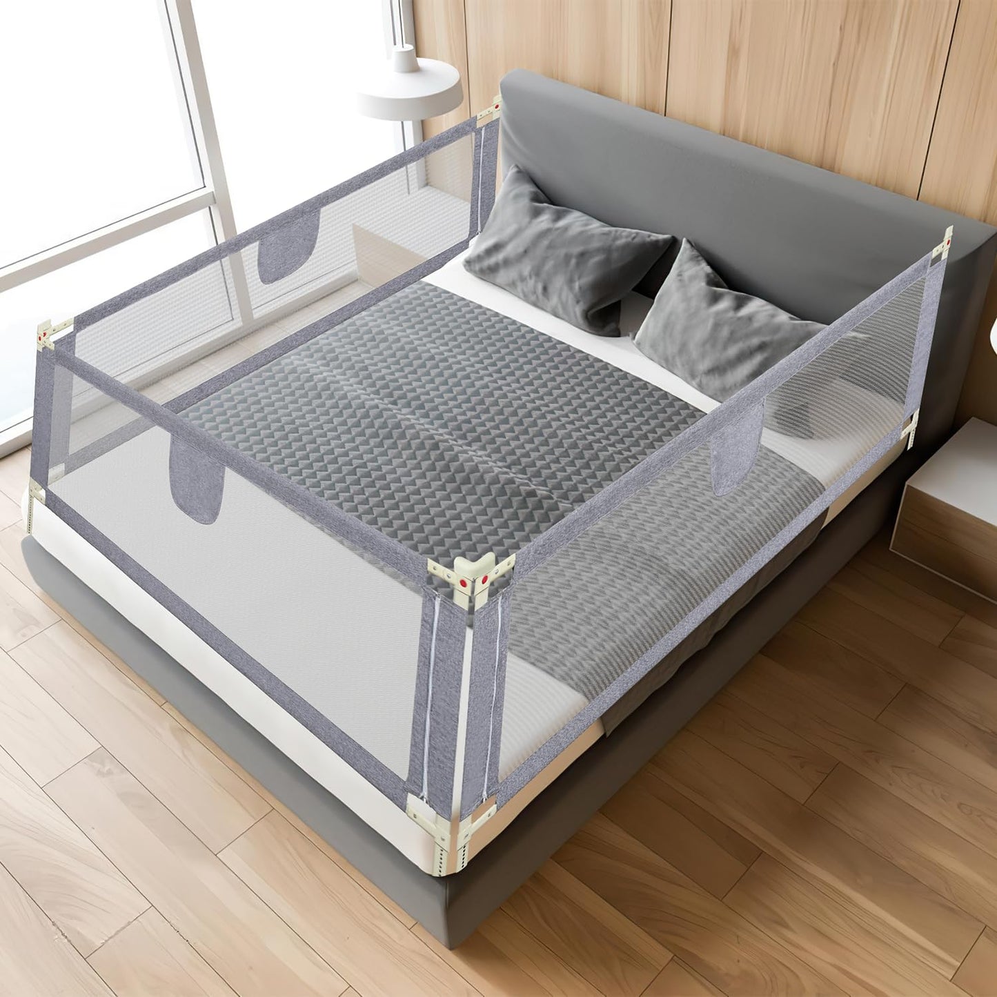 Ikodom bed guard for kids 2x 200cm and 1x 180cm, bed rail adjustable in height from 64-96cm, bed fall protection, children's bed rail, baby bed rail safe, gray