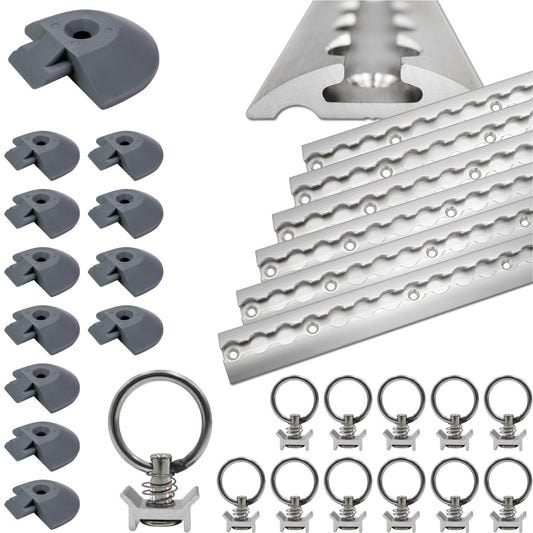 Aircraft rail semi-circular silver anodized 6X 1.5 meters with 12 eyelets and 12 end caps, aluminum tie-down rail sturdy, high stability and durability, for trailers, cars, campers, motorhomes