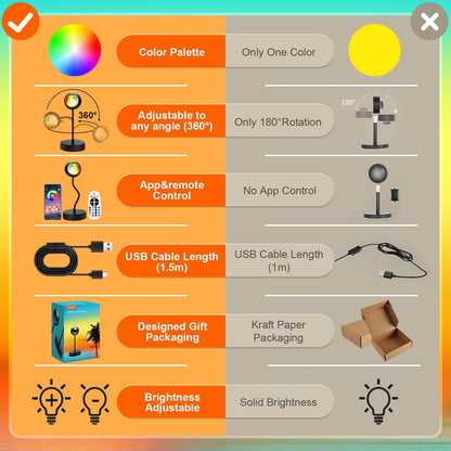 QUIGO Sunset Lamp, LED light night light with smart app control for selfie lamp, lighting up bedroom, living room, party. Aesthetic room decor.