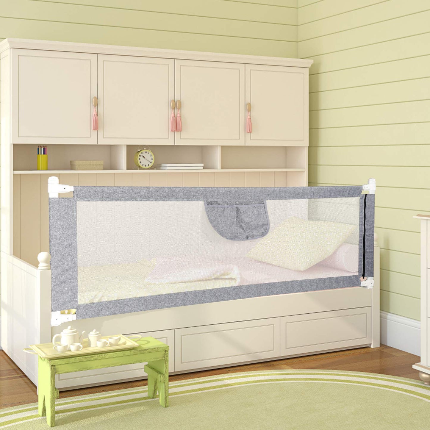 Owlke 200cm bed guard rail, bed rail for children, adjustable height from 80-96cm, guard rail for toddlers, baby bed rail, children's bed guard rail, fall protection for kids, gray.