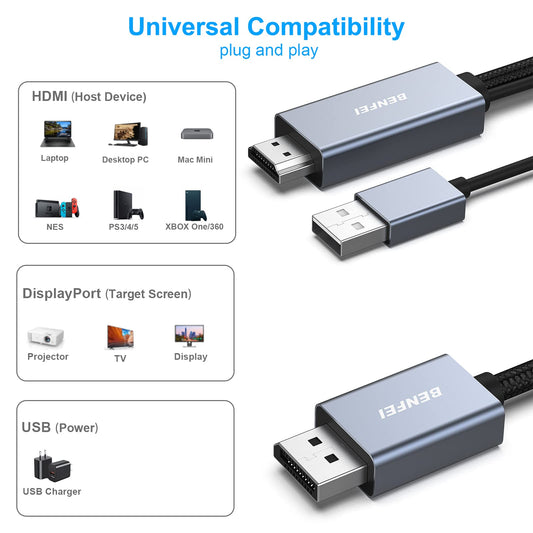 BENFEI HDMI to DisplayPort Cable 6ft, HDMI to DisplayPort Monitor compatible with PC graphics card laptop PS5 Xbox One (360) supports 4K@60Hz 2K@144Hz 1080P@165Hz