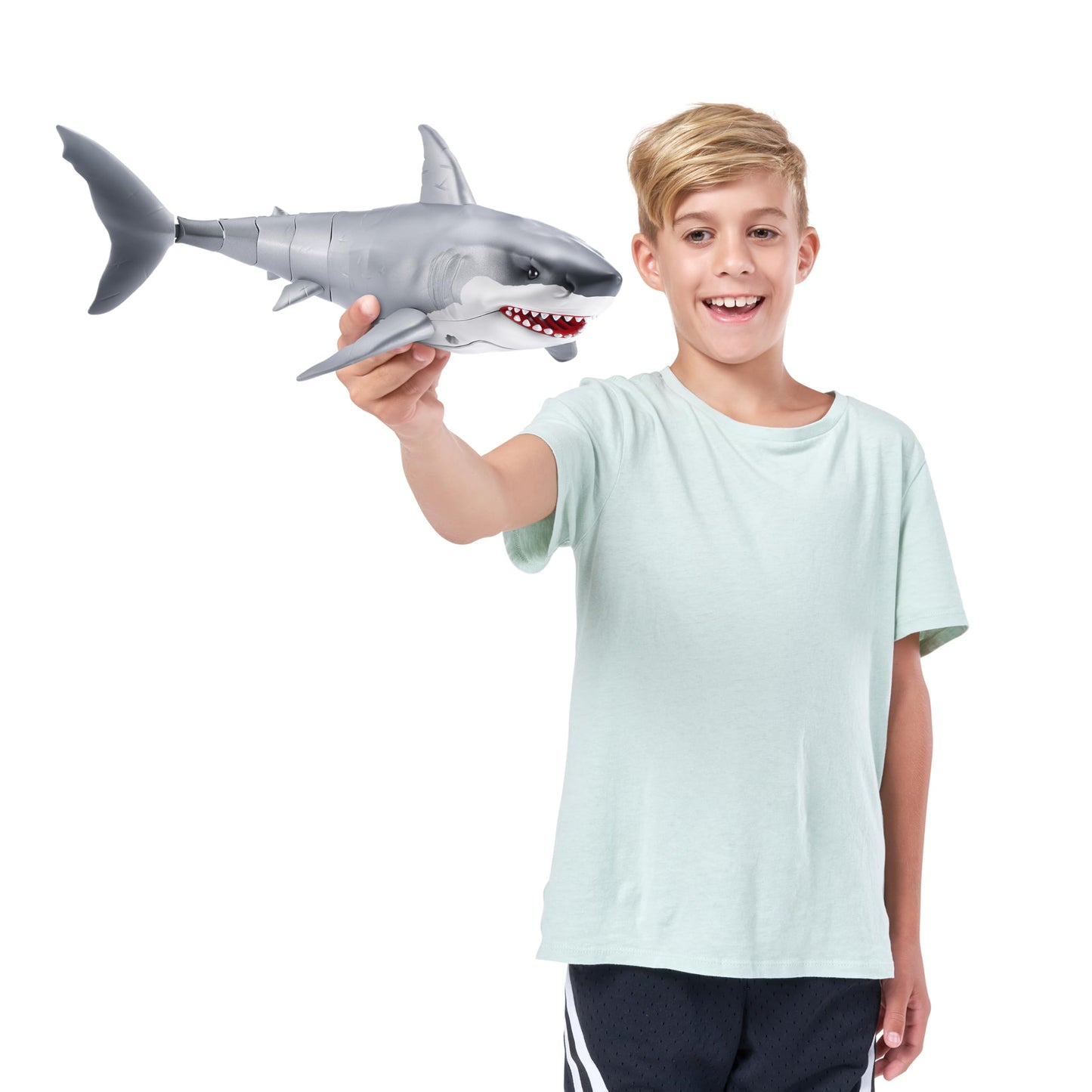 Robo Alive Great White Shark Series 1 by ZURU, battery-operated robot shark toy with light-up feature, perfect for summer pool fun, bath time toy, shark lovers.