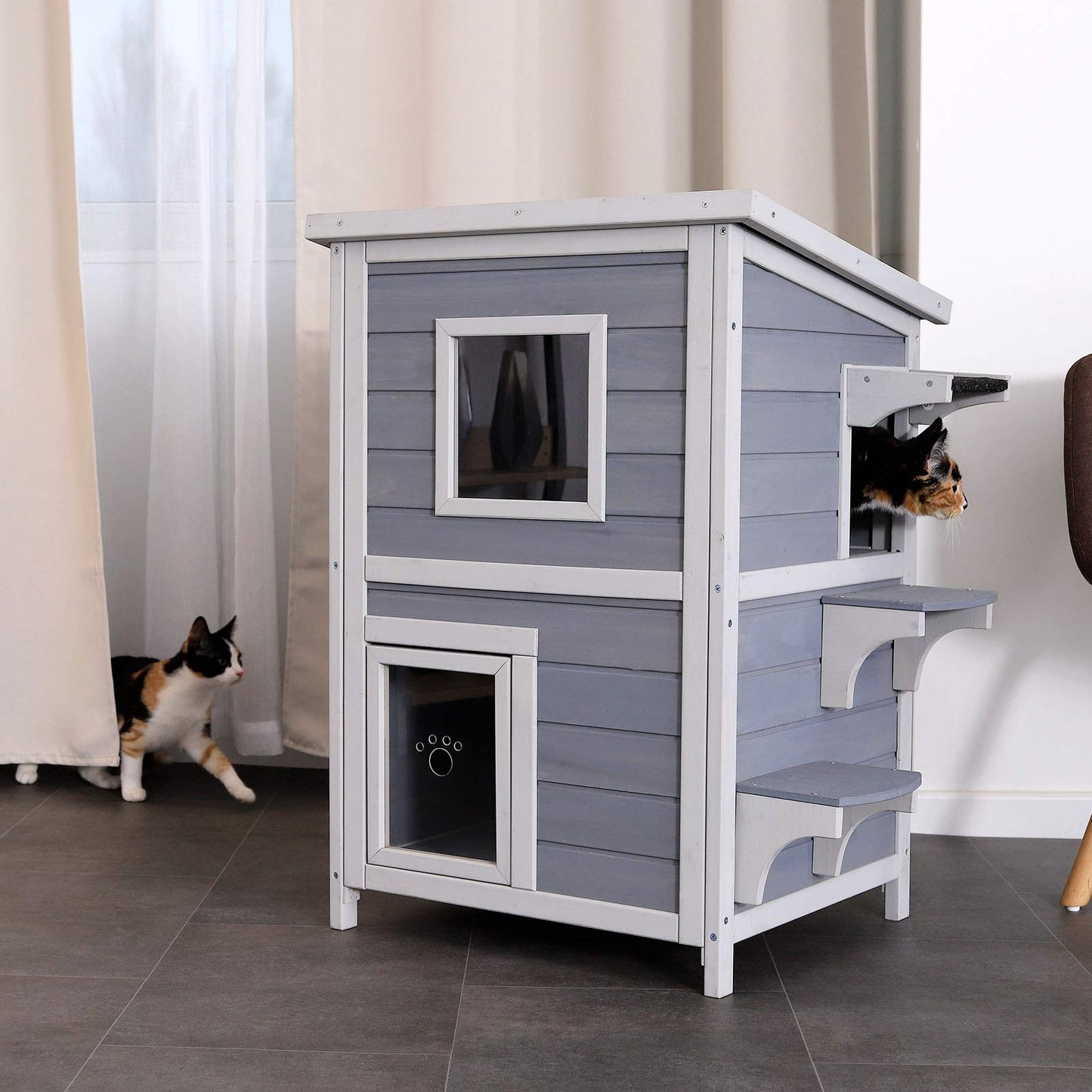 lionto outdoor cat house for playing and resting, wooden house for cats with weatherproof bitumen roof, 56x52x82 cm, window and 3 entrances, sturdy cat hut with assembly instructions, grey/white