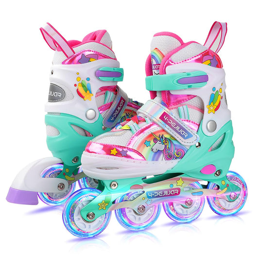 Unicorn inline skates for girls, adjustable sizes with all glowing wheels. Rainbow inline skates for beginner teenagers. Perfect for Christmas and birthday gifts.