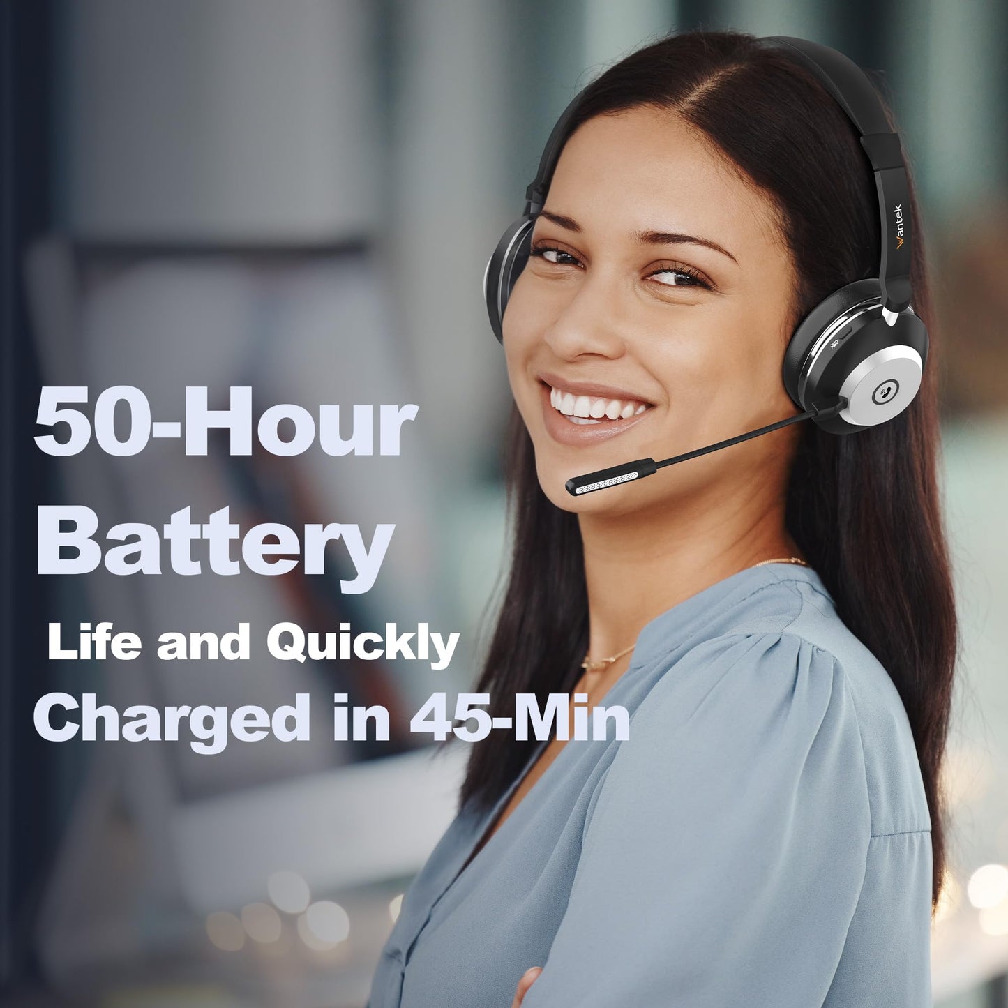 Wantek Wireless Headset with Microphone, Bluetooth Headset with Charging Dock, Wireless Headphone with Microphone and USB Dongle, Call Center Headphone for Computer Laptop Teams Office Zoom Skype.