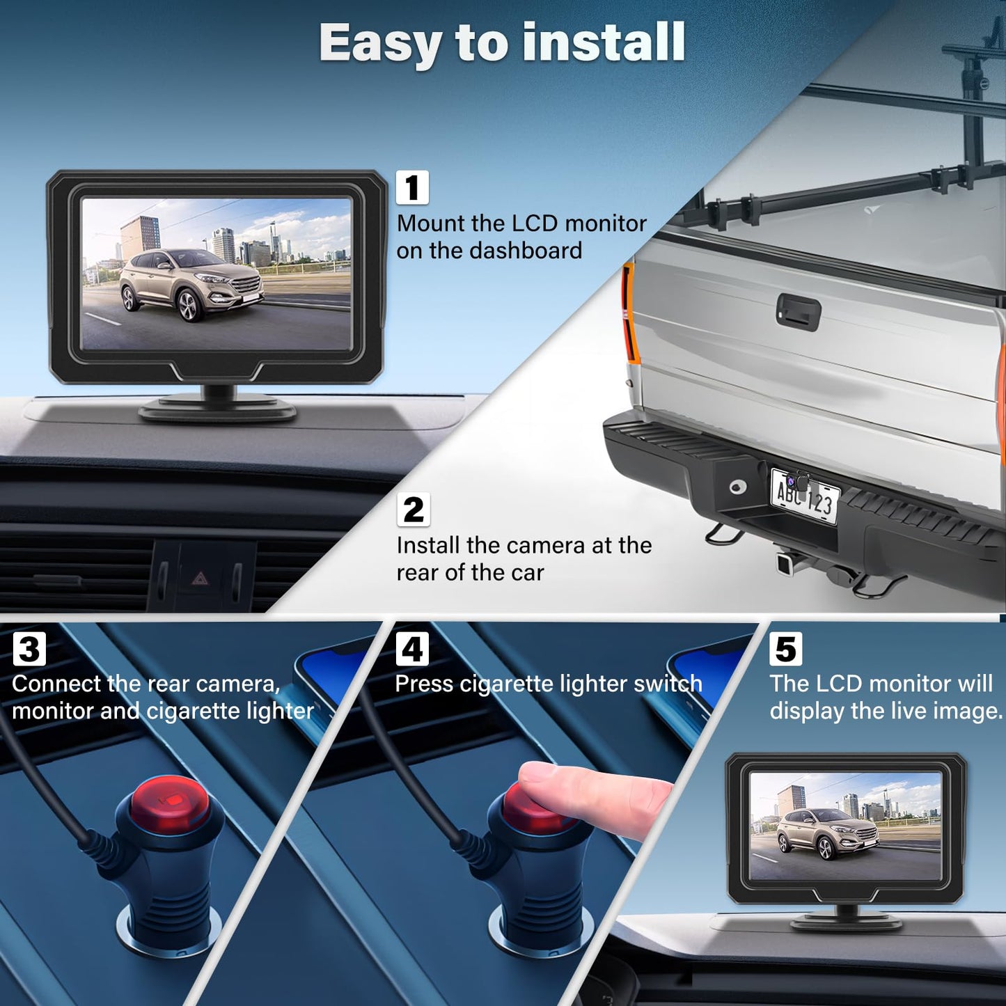 Vtopek AHD 1080P Backup Camera Kit with 4.3" Monitor 5 Backup Lines IP68 Waterproof Night Vision Rear View Camera Retrofit 6M Cable Rear Camera Parking Assistance for Motorhome Truck RV