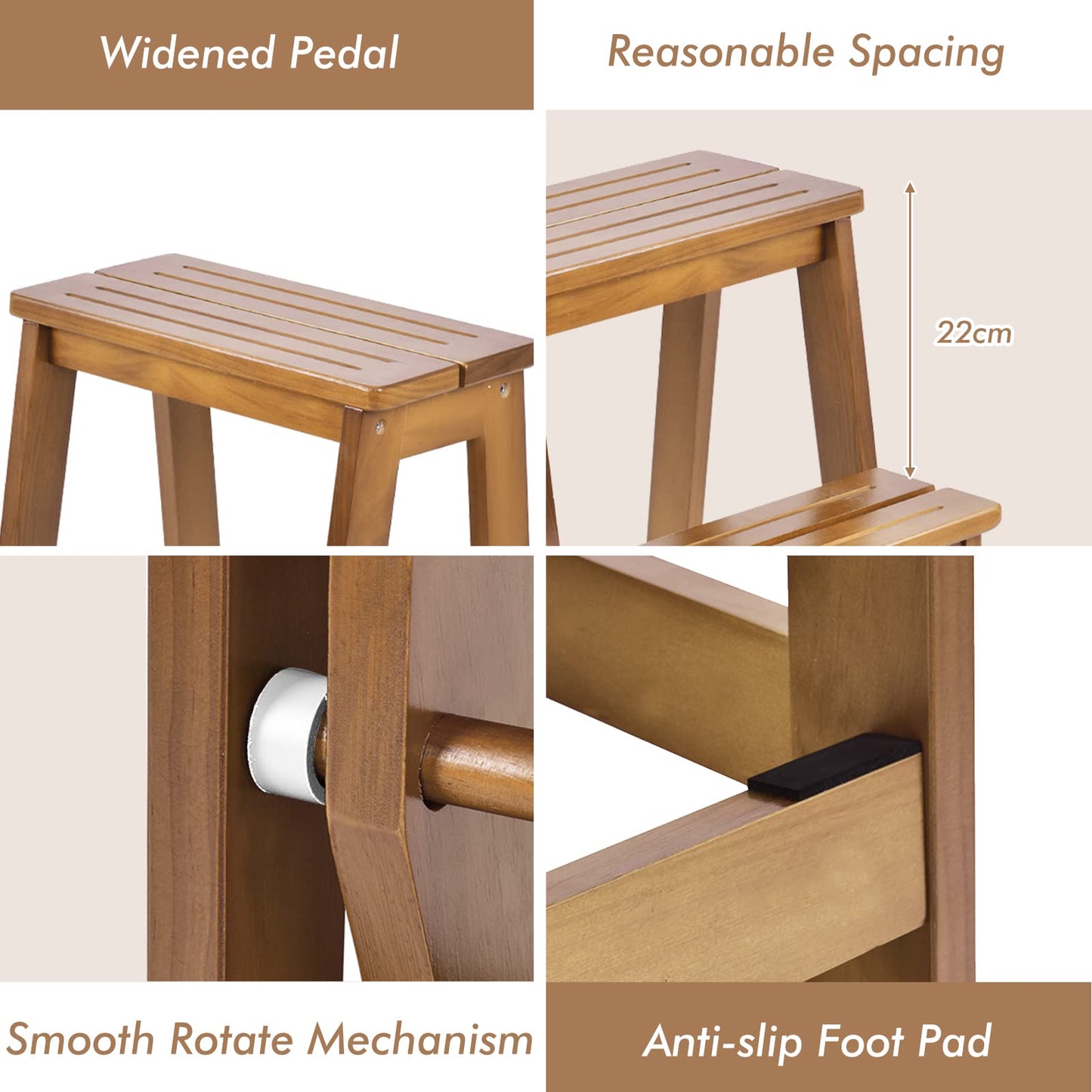 GIANTEX Wooden Step Stool 3 Steps, Folding Step Ladder Foldable Step Stool, Wooden Step Ladder Foldable, Household Step Small, Pine Wood Folding Steps (Walnut)