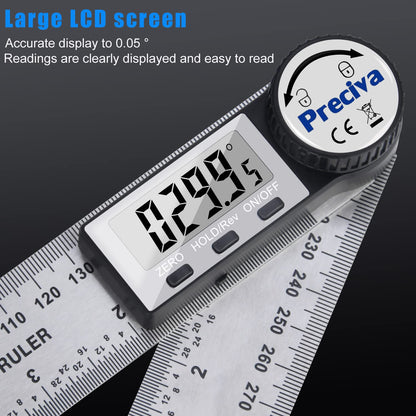 Protractor, Preciva Digital Protractor with HOLD screen and 180° rotating function, 400mm angle gauge ruler made of stainless steel for woodworking, DIY - large display