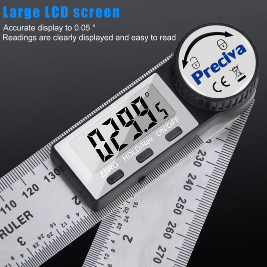 Protractor, Preciva Digital Protractor with HOLD screen and 180° rotating function, 400mm angle gauge ruler made of stainless steel for woodworking, DIY - large display