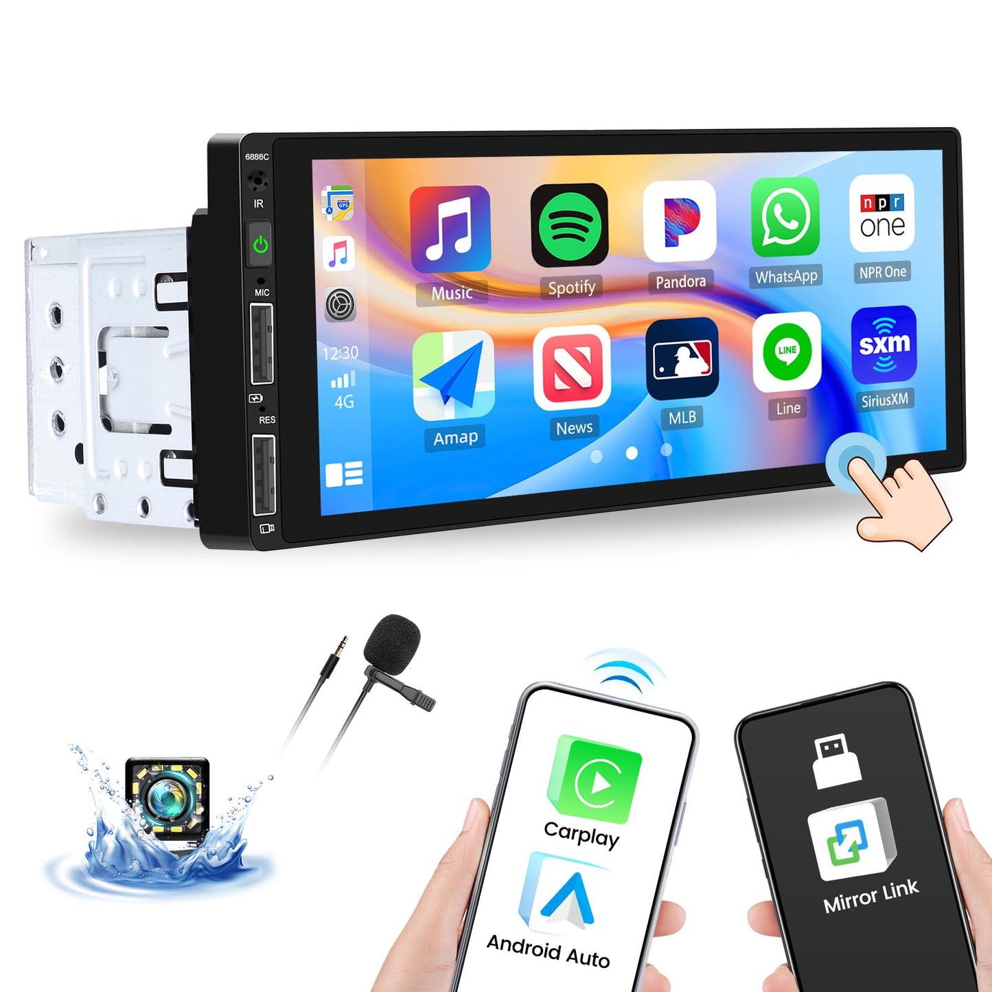 Single-Din car stereo with wireless Carplay, Android Auto, Bluetooth, 6.8-inch touchscreen, Mirror Link, AUX/USB/FM Radio, EQ, SWC, rear view camera, remote control, and microphone.