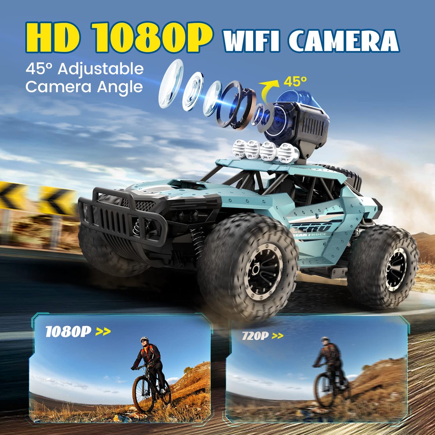 DEERC 1:16 RC Truck with 1080P Camera and WiFi Transmission, 2.4GHz remote control, 2 batteries for 60 minutes of playtime. Off-road Truggy for adults and kids.