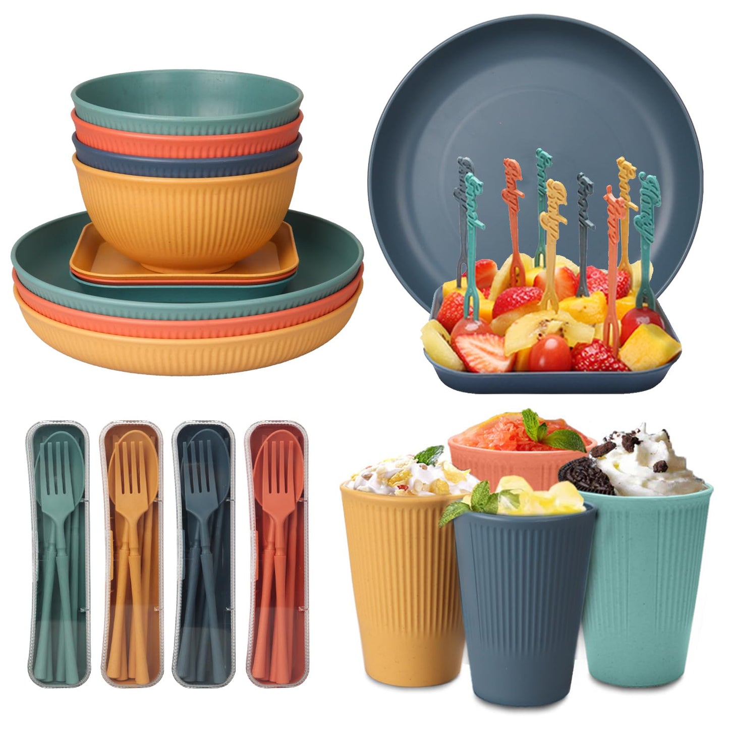 48 Piece Unbreakable Dinnerware Set, Reusable Camping Plasticware for 4 People Picnic Lightweight Colorful Grill Plastic Serving Plates Bowls Utensils