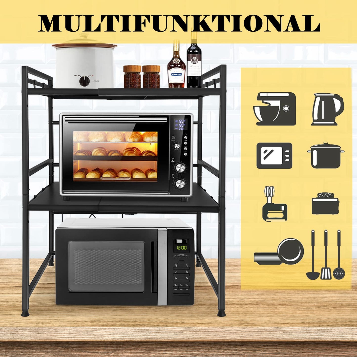 Expandable microwave shelf with 8 hooks, 3-tier microwave stand rack microwave holder baker shelf organizer for kitchen countertops, Black