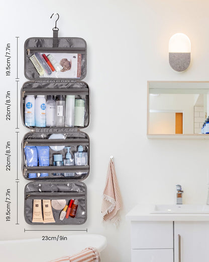 Hanging toiletry bag, LOVEVOOK waterproof toiletry bag for women, foldable cosmetic bag with 360° swivel hook, travel toiletry bag in gray.