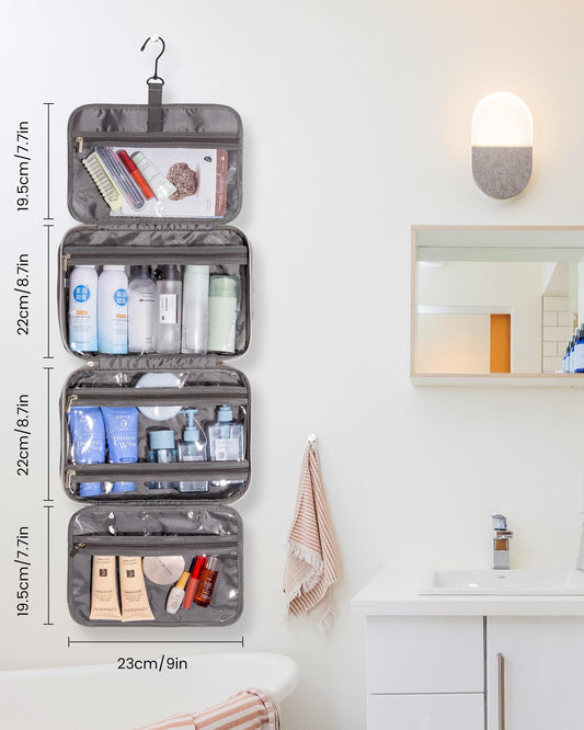 Hanging toiletry bag, LOVEVOOK waterproof toiletry bag for women, foldable cosmetic bag with 360° swivel hook, travel toiletry bag in gray.