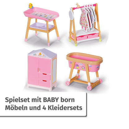 BABY Born, doll vehicle, fold-out caravan & Minis playset furniture set with wardrobe, clothes rail, bassinet, and changing table, 906163 Zapf Creation