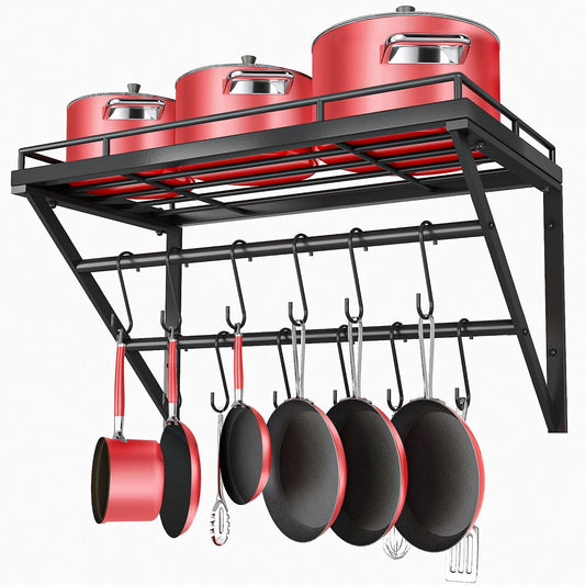 OROPY Pot Rack, 3-Tier Iron Kitchen Shelf Wall Mounted, Pan Holder with 12 Hooks, 60 * 29.5 * 24.5cm, Kitchen Utensil Holder, Kitchen Wall Shelf for Pots and Pans