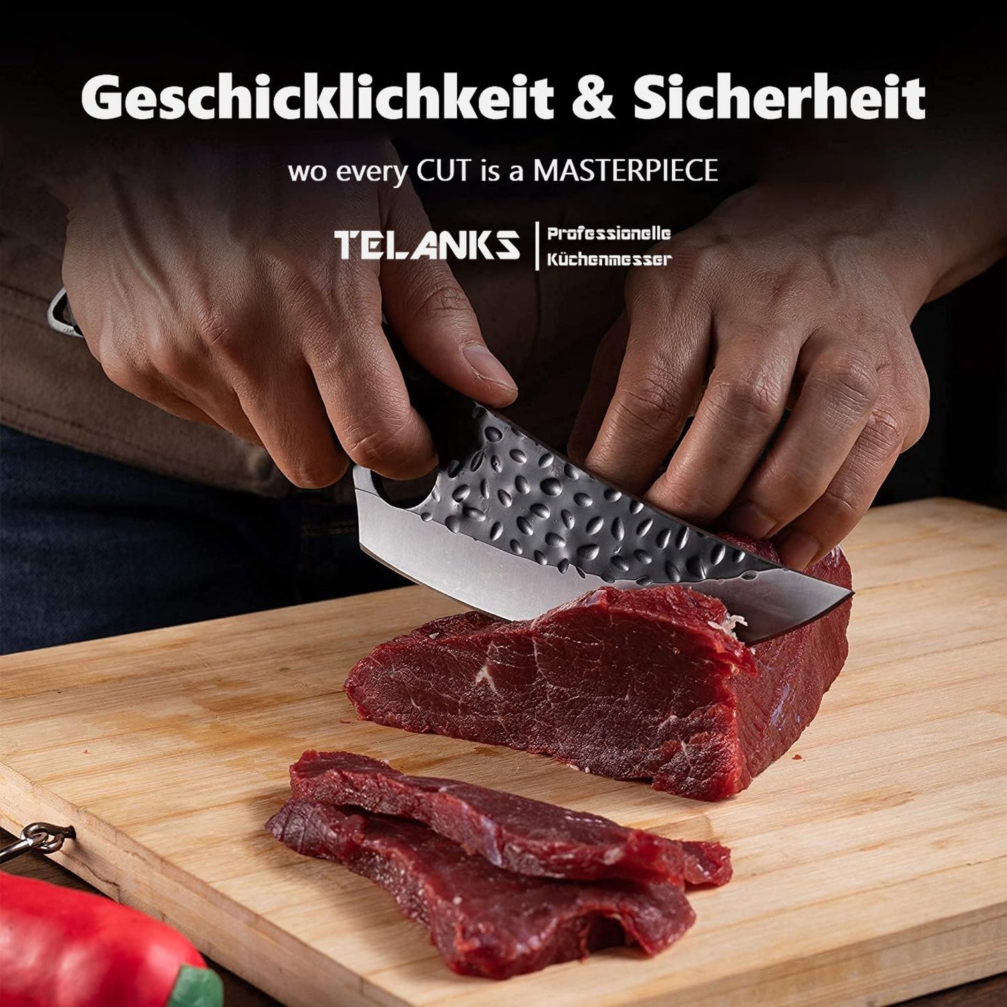 TELANX 6-inch Japanese Kitchen Knife Forged - Professional kitchen knife with leather cover, finger hole & wooden handle, sharp chef's knife for meat, vegetables & grill.