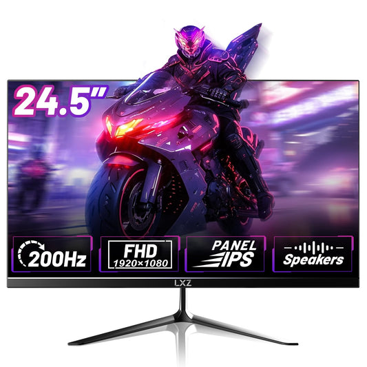 LXZ 24.5-inch gaming monitor with 200Hz refresh rate, Full HD 1080p resolution, 1ms response time, DP/HDMI inputs, eye care technology, and wall mount compatibility.