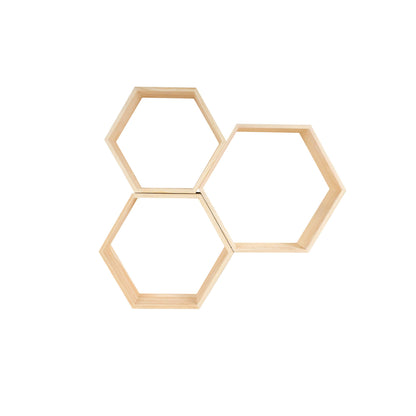 HANDKADECOR Hexagonal Wooden Shelves - Set of 3 - Honeycomb shaped shelf boxes stand