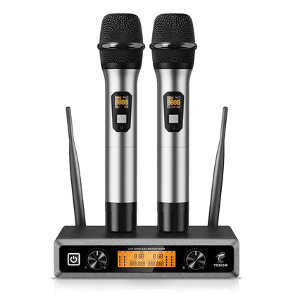 TONOR Wireless UHF Professional Dynamic Dual Wireless Microphone, Handheld Microphone System, Home KTV Set for Karaoke, Party, DJ, Church, Wedding, Meeting, 60 Meters, TW820, Silver