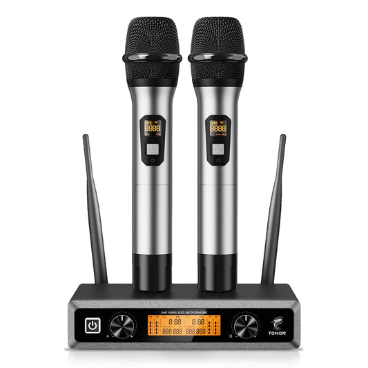 TONOR Wireless UHF Professional Dynamic Dual Wireless Microphone, Handheld Microphone System, Home KTV Set for Karaoke, Party, DJ, Church, Wedding, Meeting, 60 Meters, TW820, Silver