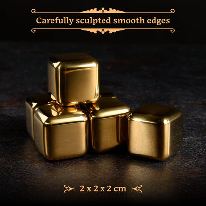 GOURMEO 6 Whiskey Stones Stainless Steel in Gold incl. Wooden Gift Box - Reusable Whisky Stones in the set as an alternative to traditional ice cubes.