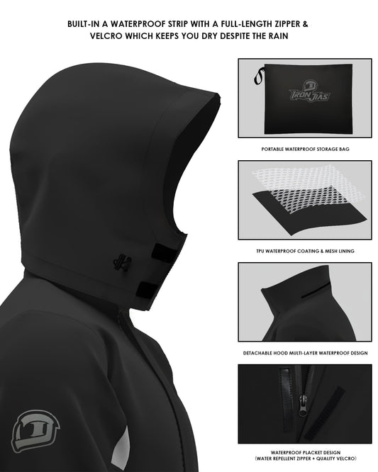 IRON JIA's men's motorcycle rain suit waterproof windproof breathable reflective with hood with zipper high-quality outdoor raincoat-black-L