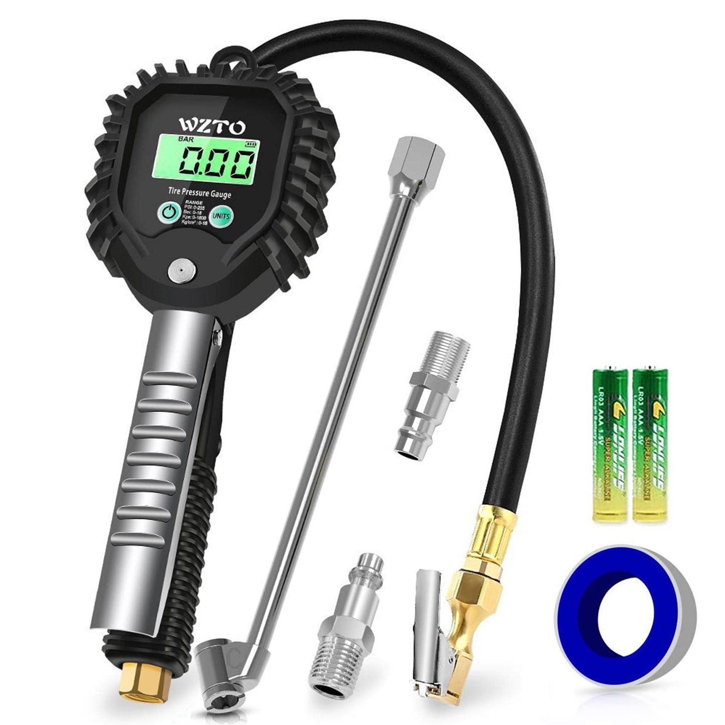 WZTO Digital Tire Pressure Gauge and Inflator, Calibrated air pressure gauge 255 PSI High Precision Tire Pressure Gauge with LCD screen for all vehicles, trucks, motorcycles (US & EU Standard Connection)