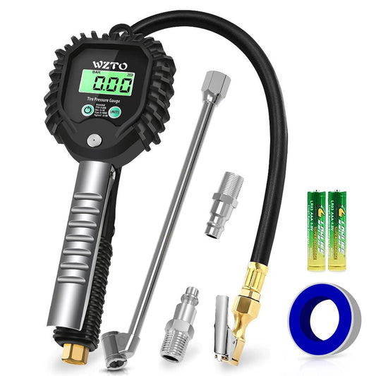 WZTO Digital Tire Pressure Gauge and Inflator, Calibrated air pressure gauge 255 PSI High Precision Tire Pressure Gauge with LCD screen for all vehicles, trucks, motorcycles (US & EU Standard Connection)