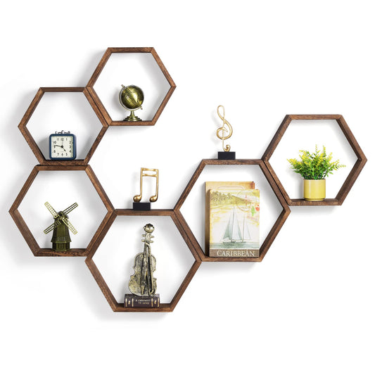 YBING Floating Hexagon Shelf Wooden Wall Shelf (Brown-6 Pack)