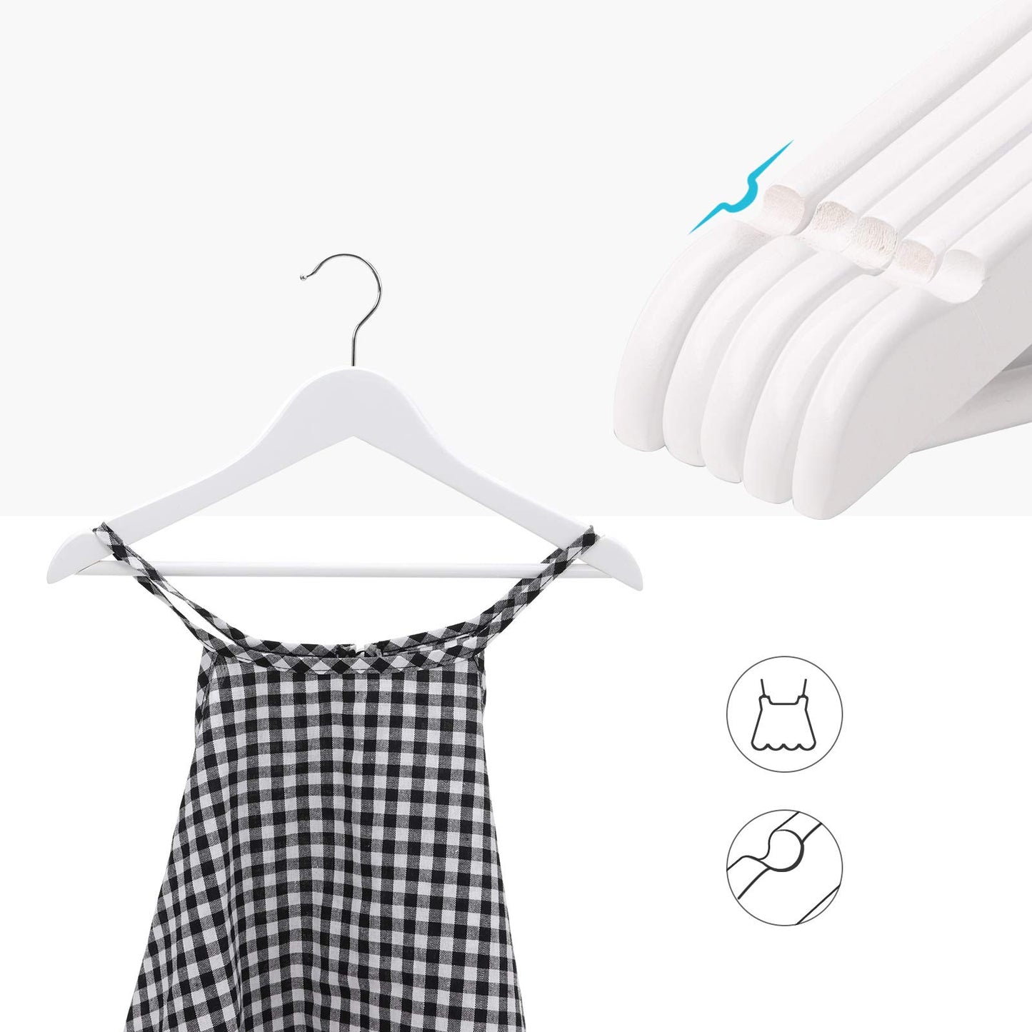 SONGMICS kids' wooden hangers, 10 pack with hanging bar, notches, 360° swivel hook, 35 cm long, White CRW006W02