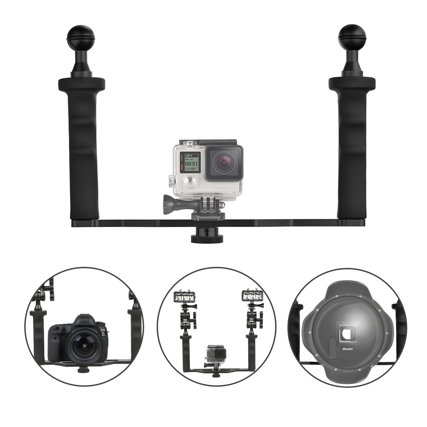 SHOOT Handheld Stabilizer Dual Handle for GoPro Hero 13/12/11/10/9/8/7/(2018)/6/5/4 Cameras and Underwater Dome Port and all Video Light Camera Camcorder LED Light with Ball Head Mount Adapter