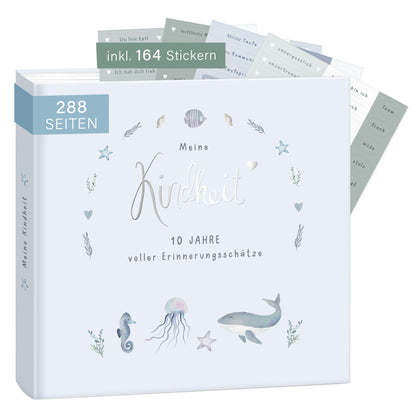 mintkind® "My Childhood" Memory Album Whale Design + Sticker Set I Your First 10 Years I Photo Album Children's Gifts for Birth Baby Book for Recording Diary Children's Album Memory Book Child